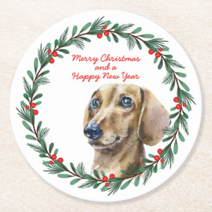 Dachshund Holiday Wreath Personalised Christmas Round Paper Coaster