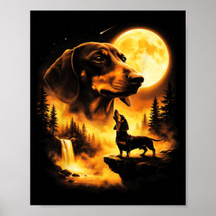 Dachshund Howling to The Moon Vintage 90s Retro Poster