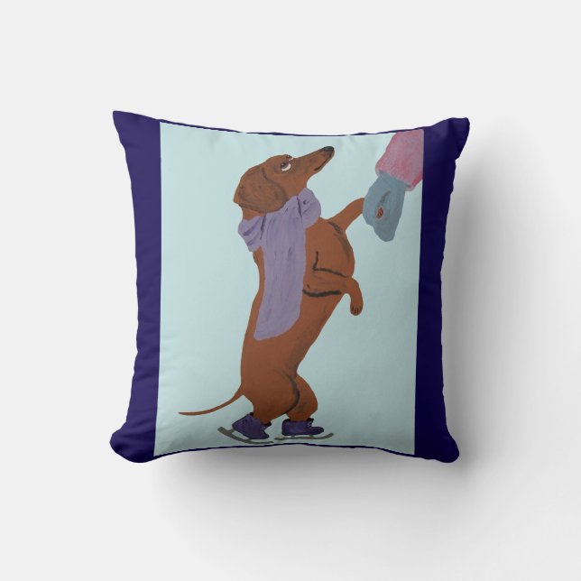 Dachshund ice skating with his Mum Cushion (Front)