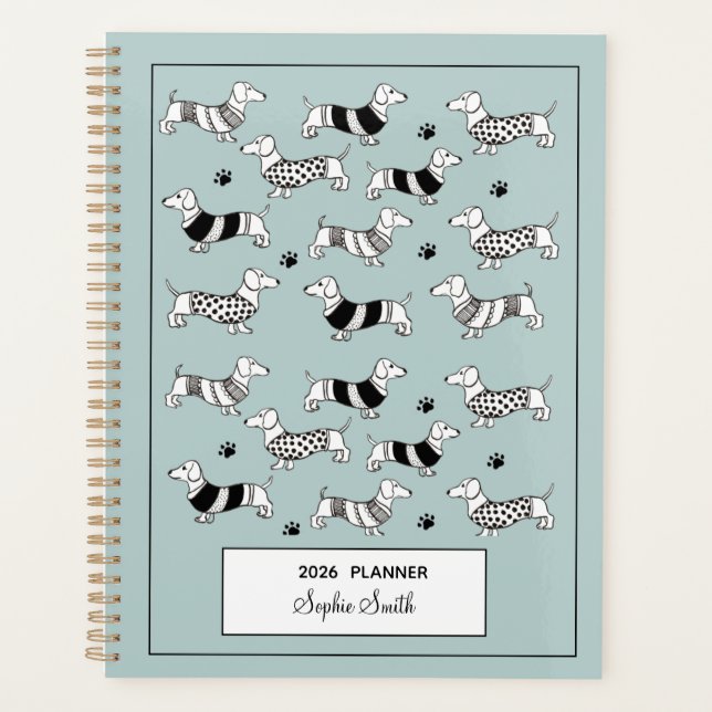 Dachshund illustrated Dog lovers Blue 2024 Planner (Front)