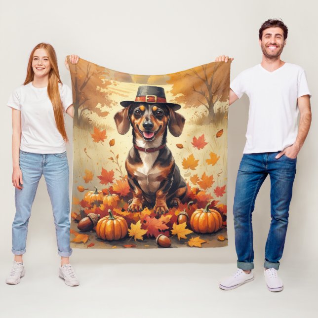 Dachshund In Autumn Leaves Thanksgiving Art Fleece Blanket (In Situ)