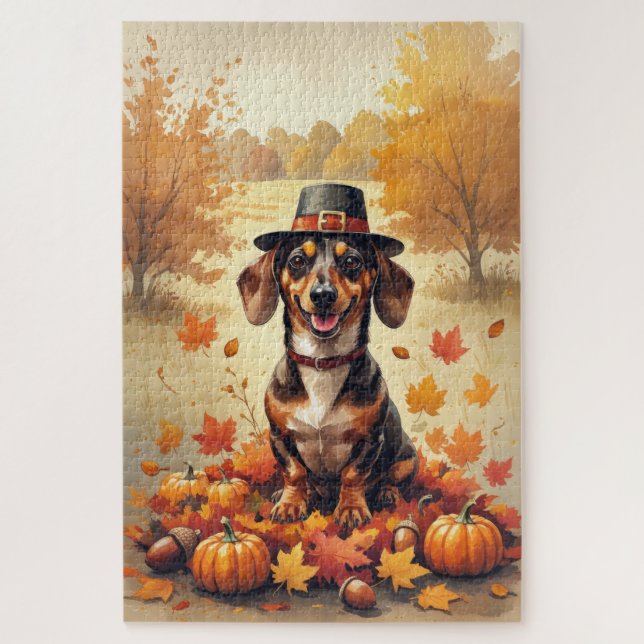 Dachshund In Autumn Leaves Thanksgiving Art Jigsaw Puzzle (Vertical)