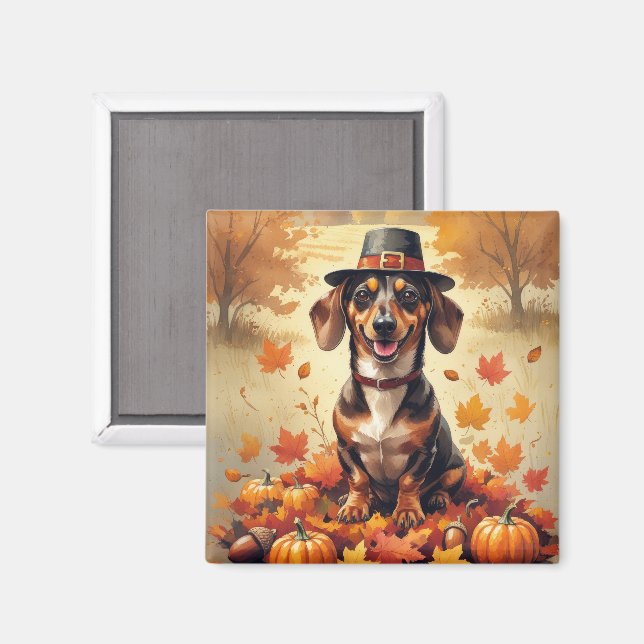 Dachshund In Autumn Leaves Thanksgiving Art Magnet (Front/Back)