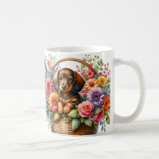 Dachshund in Basket with Flowers Coffee Mug