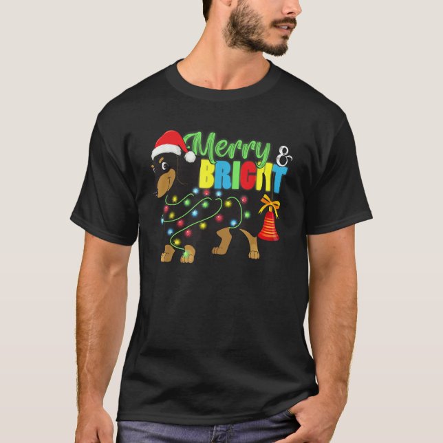 Dachshund In Christmas Lights Santa Hat Merry And  T-Shirt (Front)