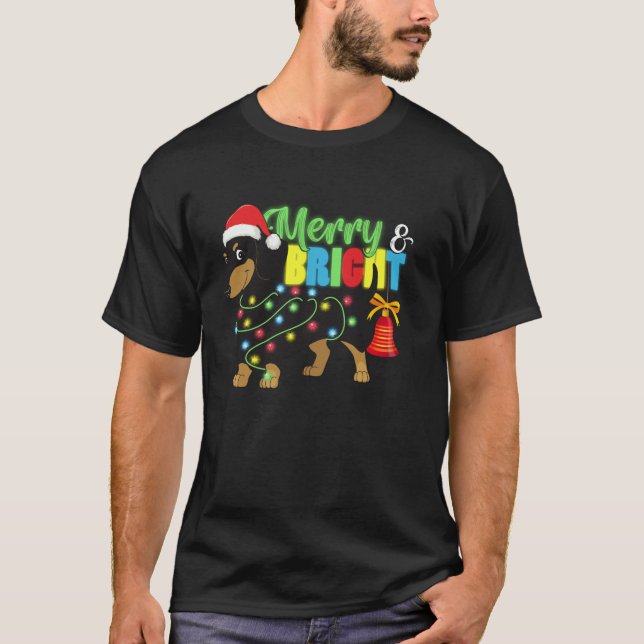 Dachshund In Christmas Lights Santa Hat Merry And  T-Shirt (Front)
