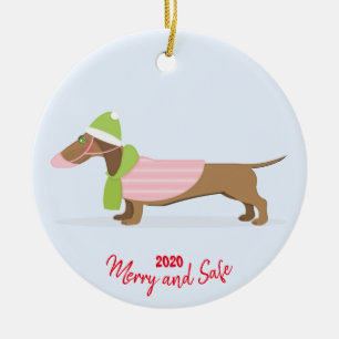 Dachshund in Face Mask Christmas 2020 Ceramic Tree Decoration