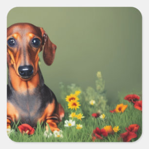 Dachshund in field of flowers square sticker