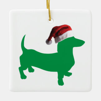 Dachshund in Green wearing a Santa Claus hat Ceramic Ornament