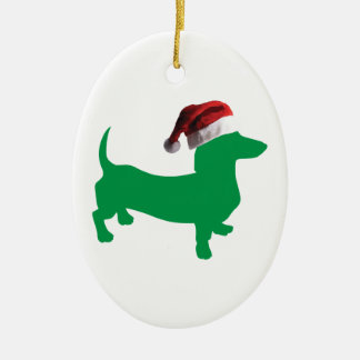 Dachshund in Green wearing a Santa Claus Hat Ceramic Tree Decoration
