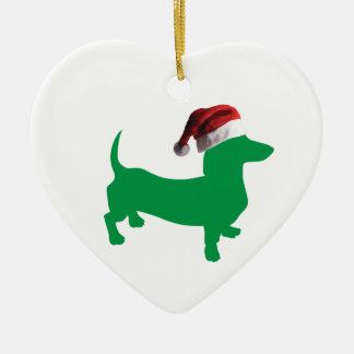 Dachshund in Green wearing a Santa Claus Hat Ceramic Tree Decoration
