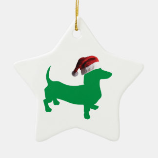 Dachshund in Green wearing a Santa Hat Ceramic Tree Decoration