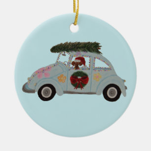 Dachshund in Hippie Car at Christmas Ceramic Tree Decoration