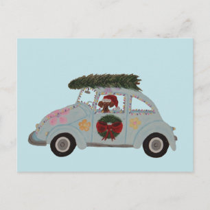 Dachshund in Hippie Car at Christmas Postcard