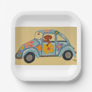 Dachshund in Hippie car Paper Plate