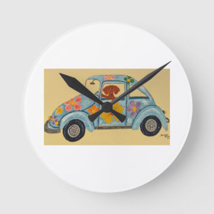 Dachshund in Hippie car  Round Clock