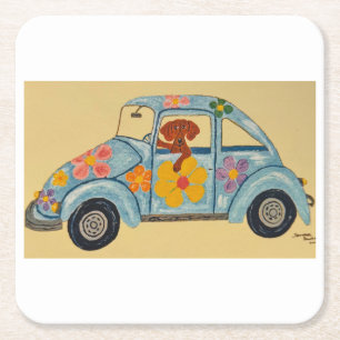Dachshund in Hippie car  Square Paper Coaster