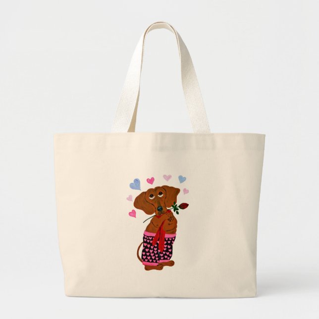 Dachshund In Pink Heart Shorts Large Tote Bag (Front)