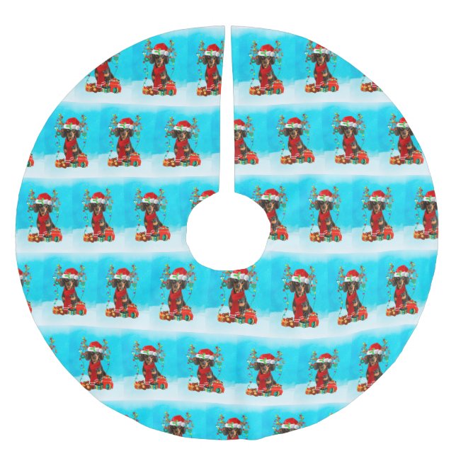 Dachshund in snow with Christmas gifts  Brushed Polyester Tree Skirt (Front)