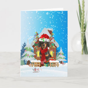Dachshund in snow with Christmas gifts  Card