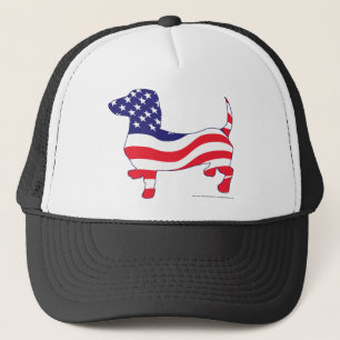 Dachshund in the American Flag Trucker Hat