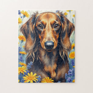 Dachshund in the Flower garden Jigsaw Puzzle