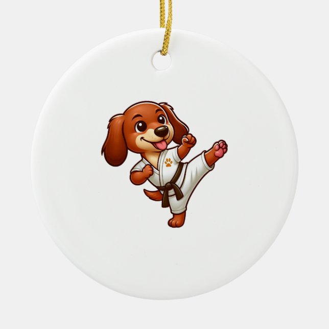 Dachshund karate martial arts high kick ceramic tree decoration (Front)