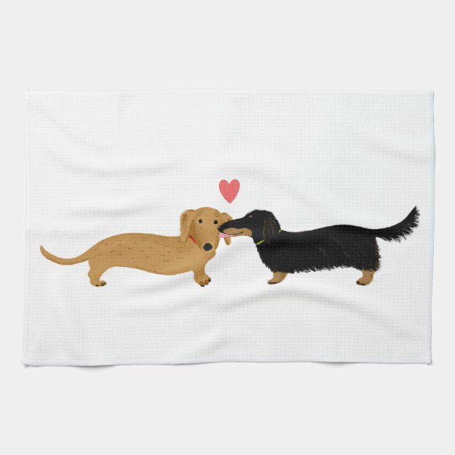 Dachshund Kiss with Heart Tea Towel (Horizontal)