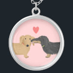 Dachshund Kiss with Heart | Wiener Dog Lover's Silver Plated Necklace<br><div class="desc">Cute black and tan longhaired Dachshund and shorthaired red Doxie with heart. An adorable wiener dog lover's necklace that makes a sweet gift for any dog mum or weenie dog lover. Visit Jenn's Doodle World for even more accessories and gifts featuring this fun wiener dog art.</div>