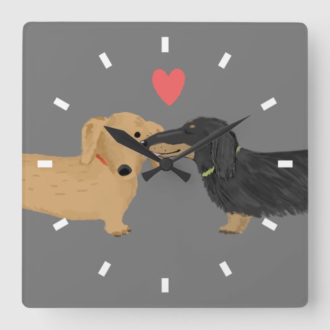 Dachshund Kiss with Heart | Wiener Dogs Love Square Wall Clock (Front)