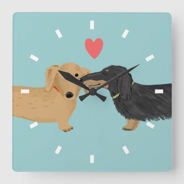 Dachshund Kiss with Heart | Wiener Dogs Love Square Wall Clock (Front)
