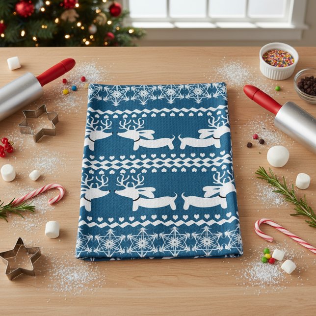 Dachshund Kitchen Christmas Gift or Decor  Kitchen Tea Towel (Blue reindeer dachshund kitchen dish towel for Christmas gifting)