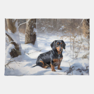 Dachshund Let It Snow Christmas Tea Towel