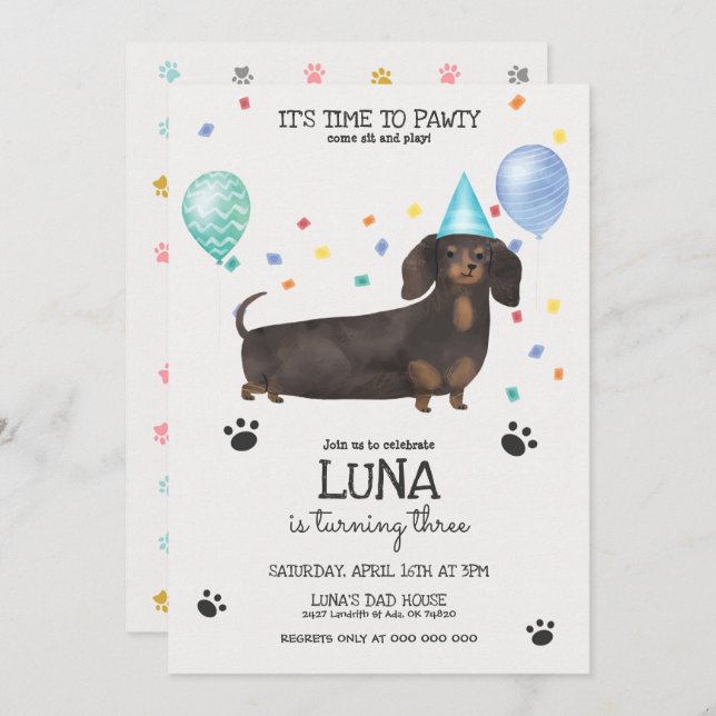  Dachshund Lets Pawty Dog Birthday Invitation Blue (Front/Back)