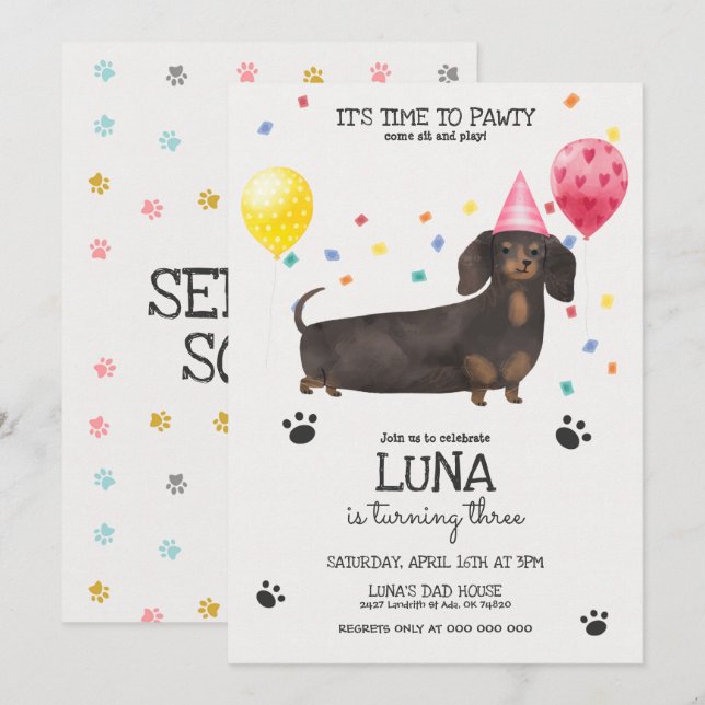 Dachshund Lets Pawty Dog Birthday Invitation Pink (Front/Back)