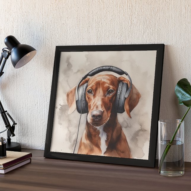 Dachshund listening to headphones poster (Creator Uploaded)