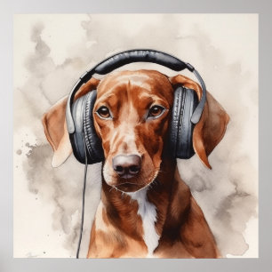 Dachshund listening to headphones poster