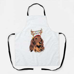 Dachshund Long Hair Reindeer Christmas Tree Lights Apron