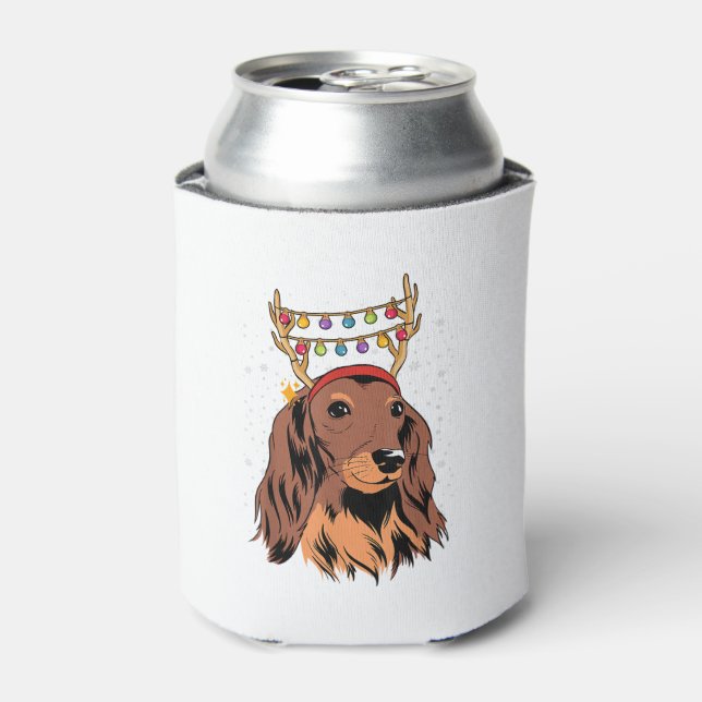 Dachshund Long Hair Reindeer Christmas Tree Lights Can Cooler (Can Front)