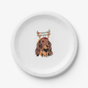Dachshund Long Hair Reindeer Christmas Tree Lights Paper Plate