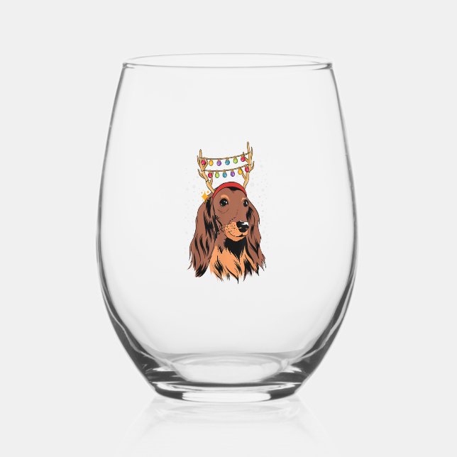 Dachshund Long Hair Reindeer Christmas Tree Lights Stemless Wine Glass (Front)