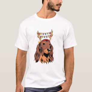 Dachshund Long Hair Reindeer Christmas Tree Lights T-Shirt