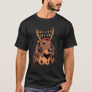 Dachshund Long Hair Reindeer Christmas Tree Lights T-Shirt