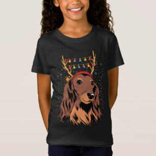 Dachshund Long Hair Reindeer Christmas Tree Lights T-Shirt