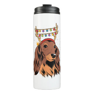 Dachshund Long Hair Reindeer Christmas Tree Lights Thermal Tumbler