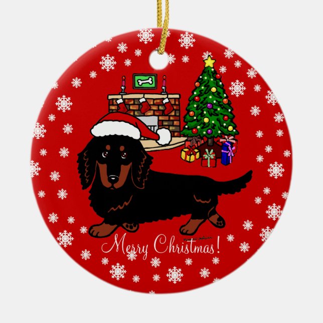 Dachshund Long Haired Black and Tan Ceramic Tree Decoration (Front)