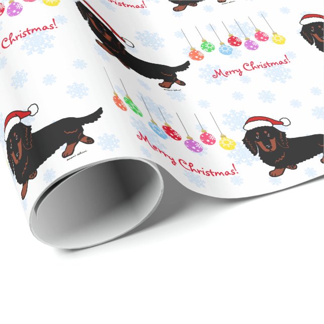 Dachshund Long Haired Black and Tan Christmas Wrapping Paper (Roll Corner)