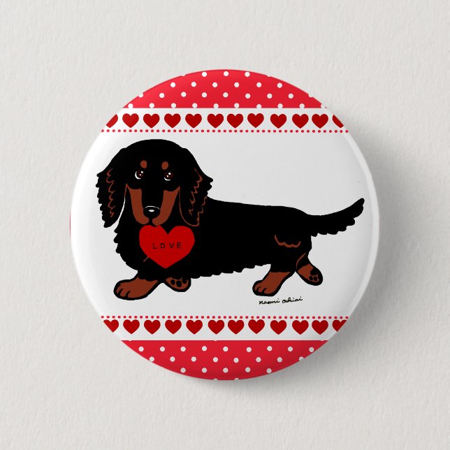 Dachshund Long Haired Black and Tan Heart 6 Cm Round Badge (Front)