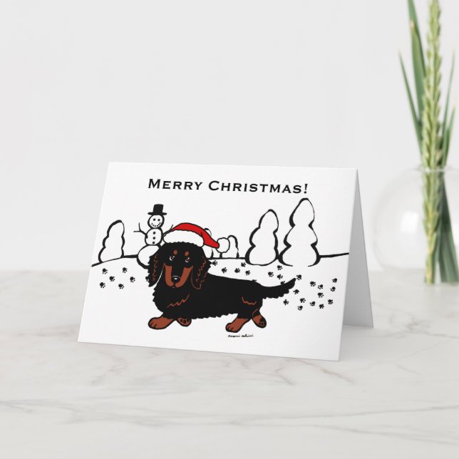 Dachshund Long Haired Black and Tan Holiday Card (Front)
