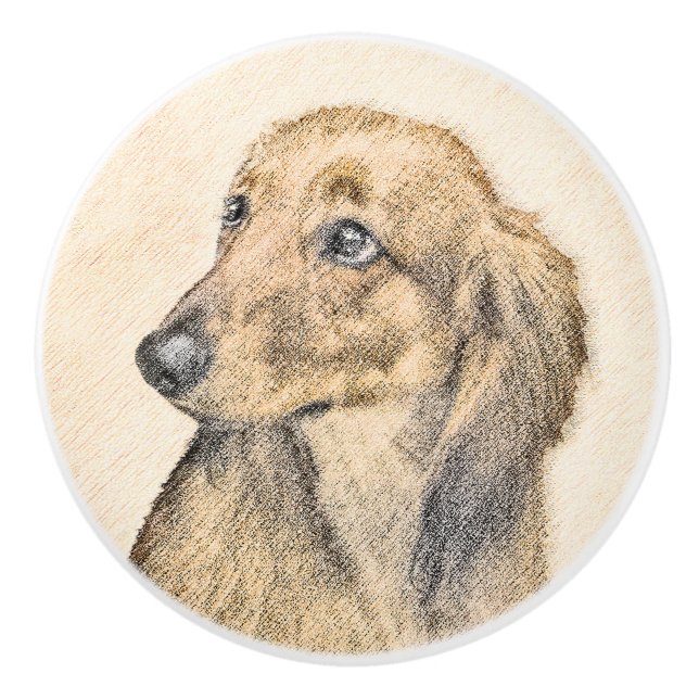 Dachshund (Longhaired) 2 Painting Original Dog Art Ceramic Knob (Front)